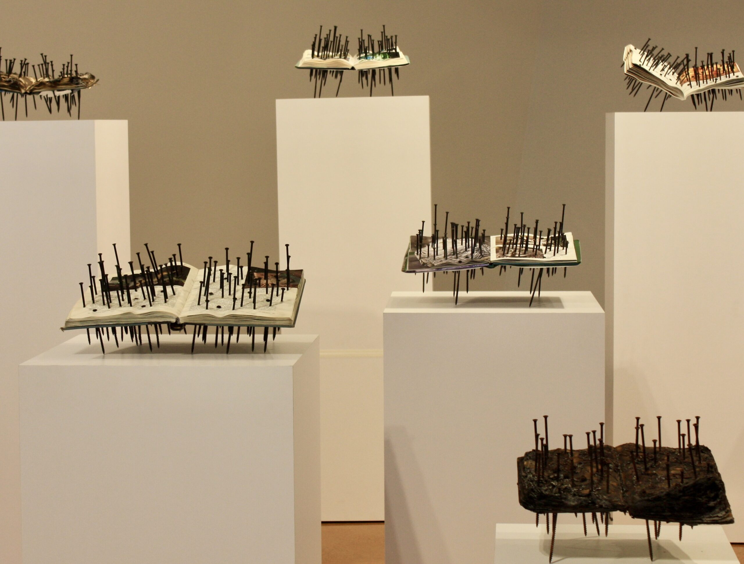 The books in this artwork, now rendered inaccessible, contain images of a thriving natural world.