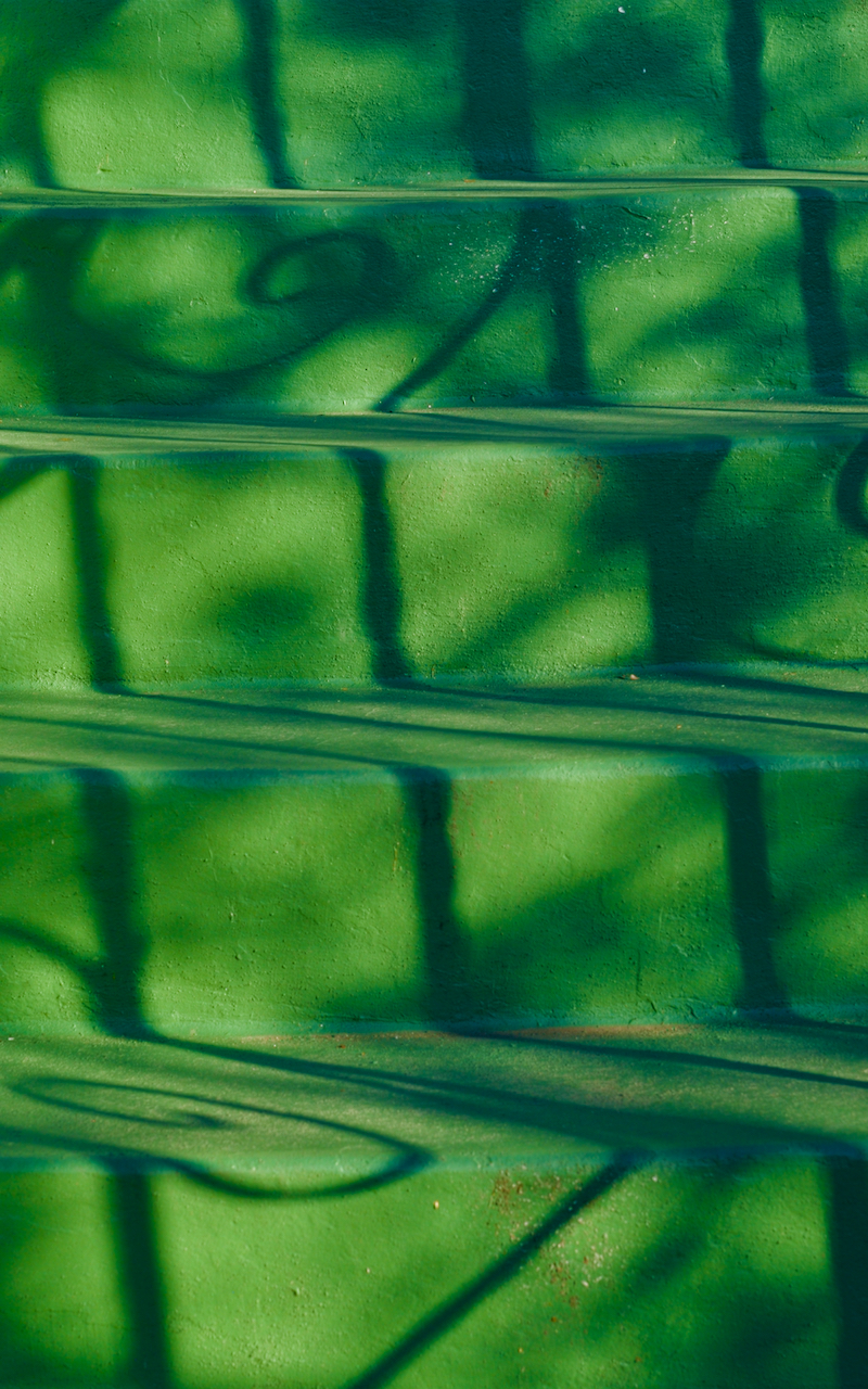 Green stairs with a pattern of shadows cascading down