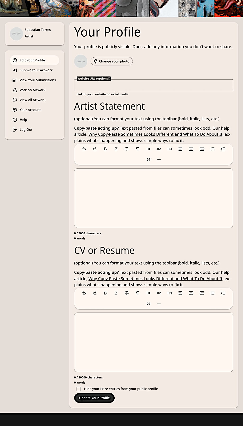 Artist edit profile screen