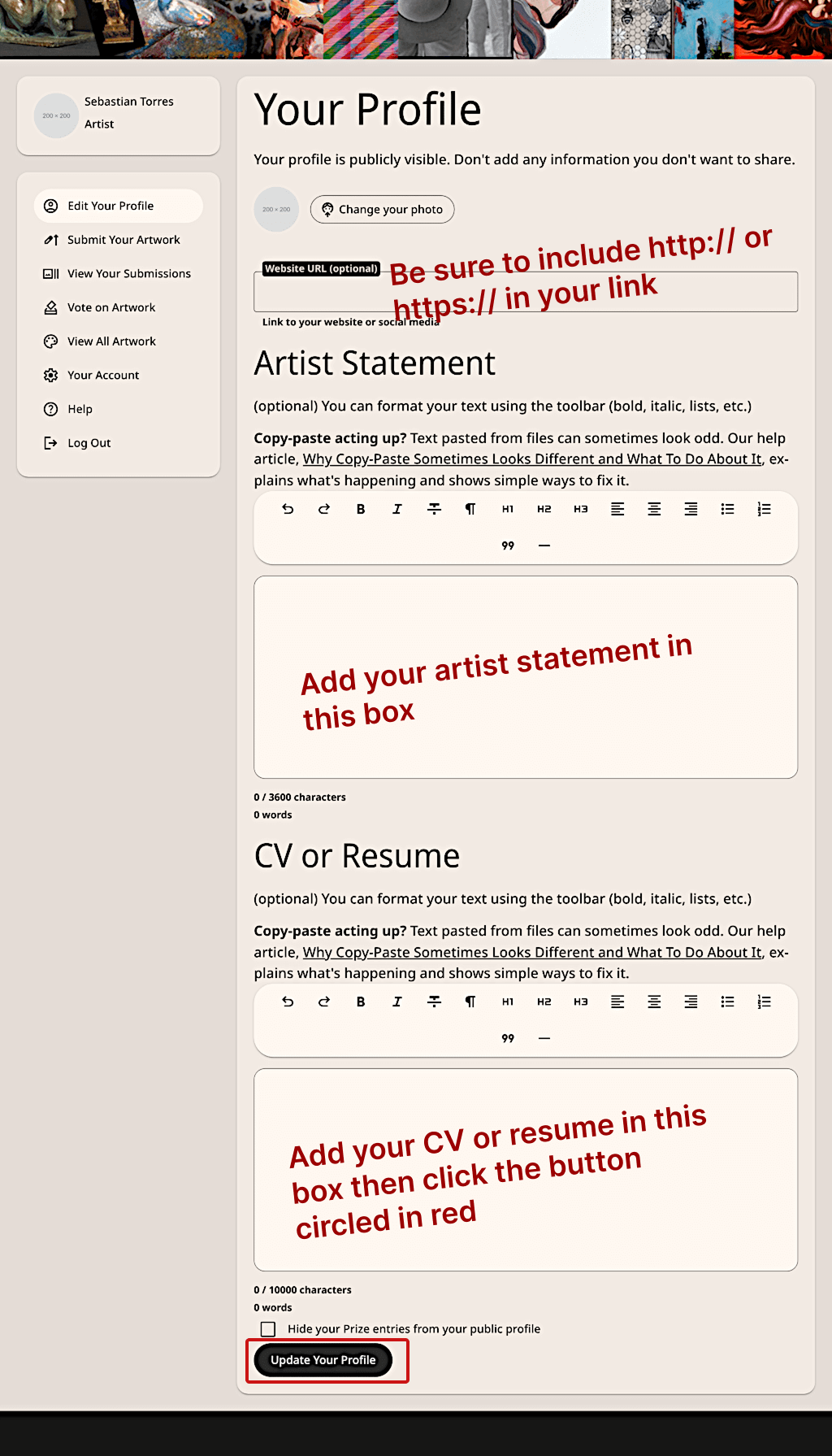 Artist profile text editors and Update Your Profile button