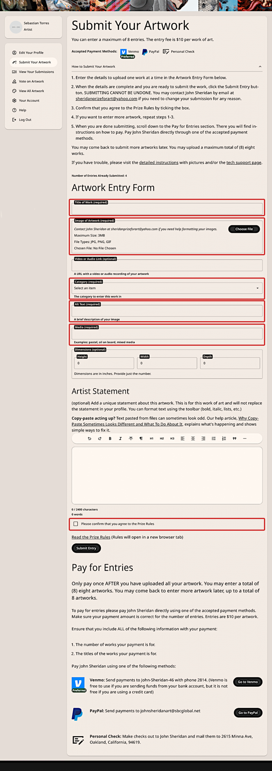 Required fields on artwork entry form