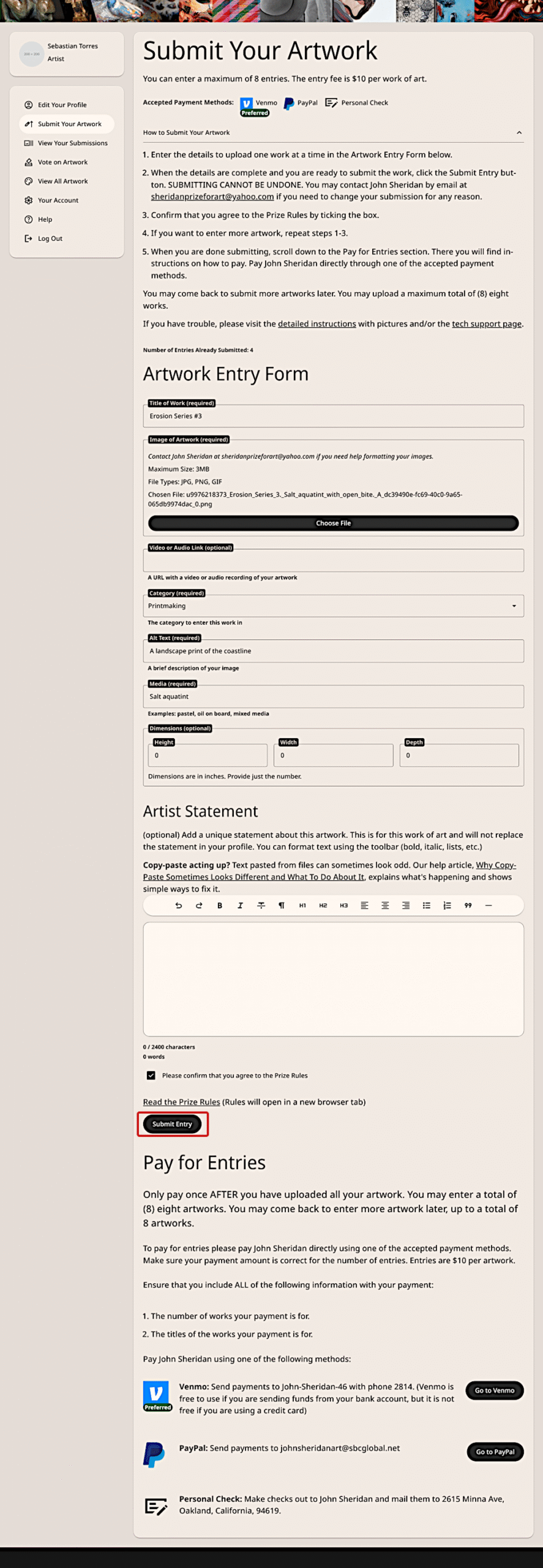 Submit Entry button on artwork form