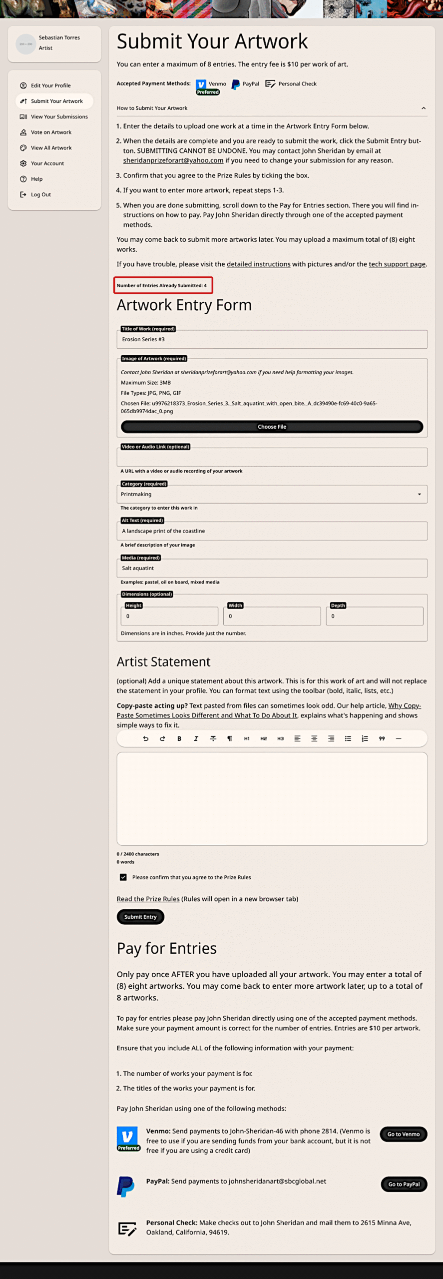 Total entries submitted display on artwork entry form