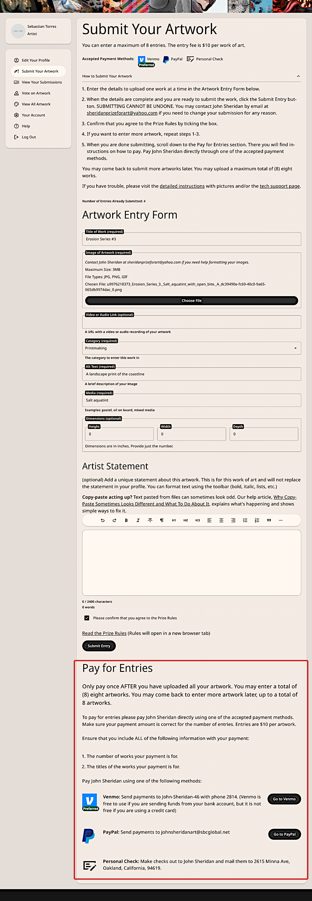 Pay for Entries section with payment instructions