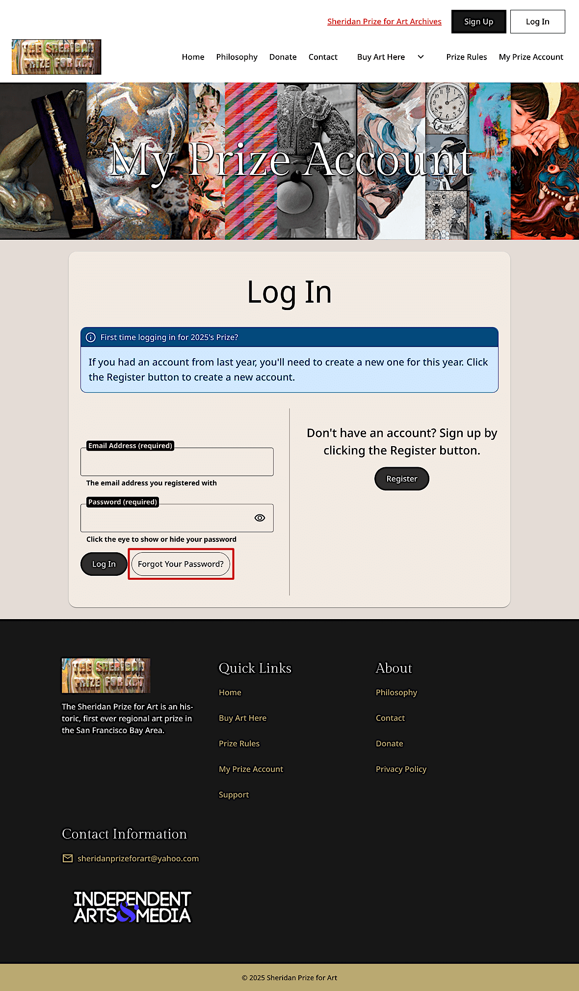 Sheridan Prize for Art login form showing Forgot Your Password? button
