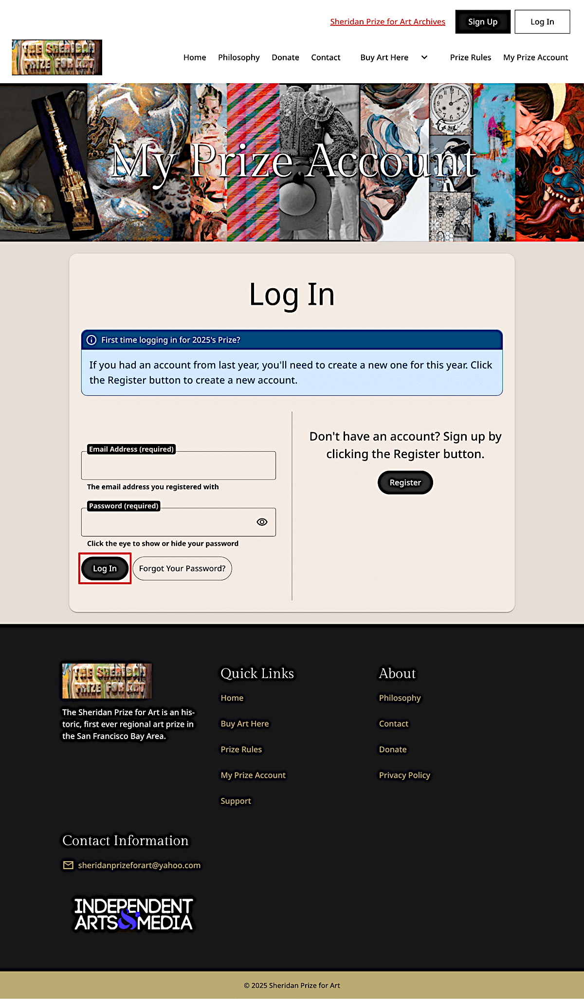 Sheridan Prize for Art login form