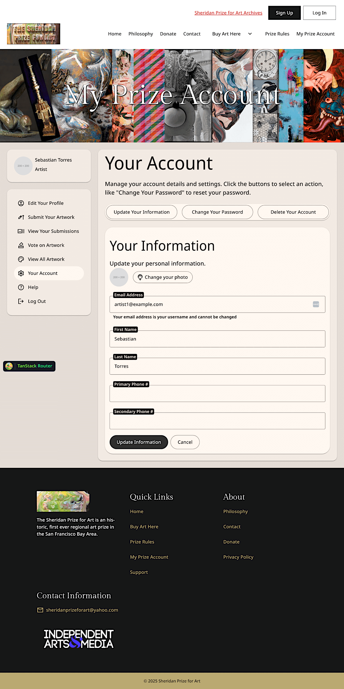 Sheridan Prize for Art account page